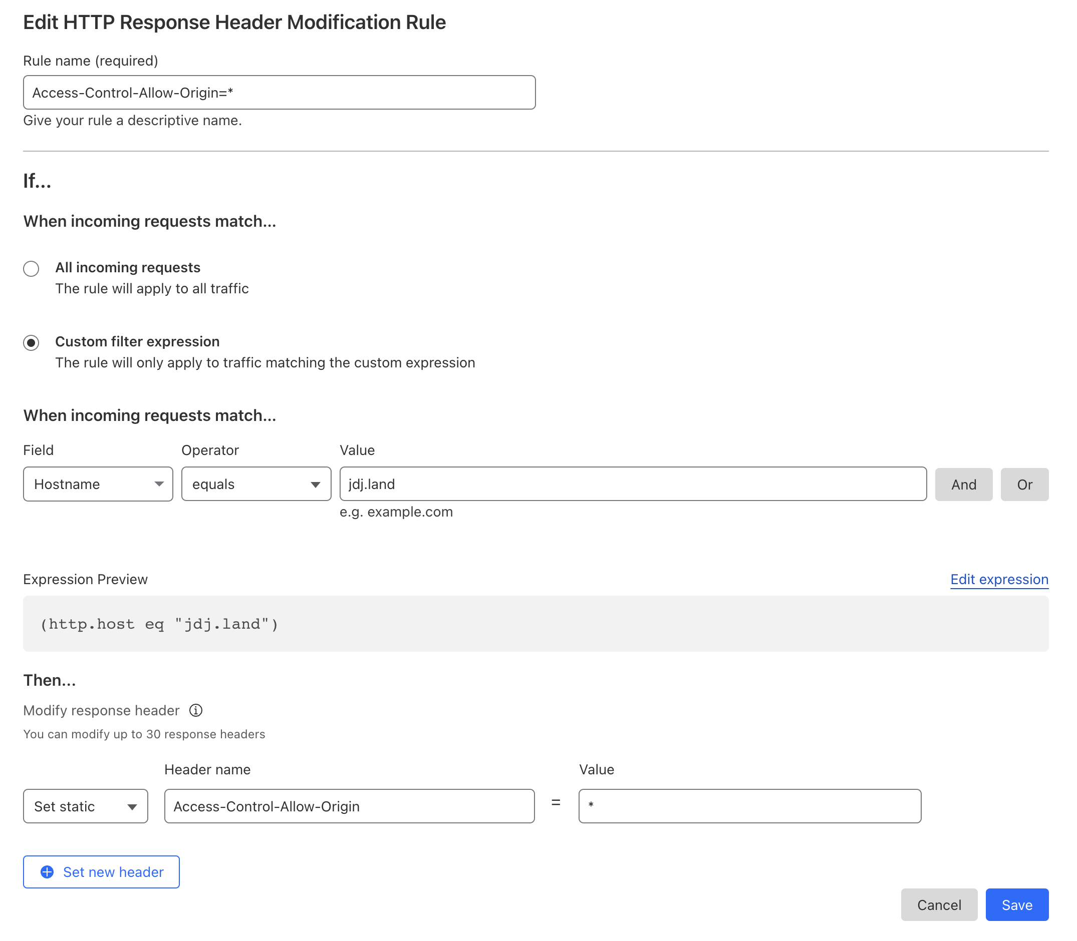 Screenshot of the HTTP Response Header Modification Rule form filled out